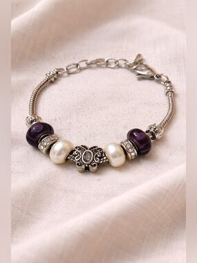 Purple, Silver & Rhinestone Beaded Bracelet with Butterfly